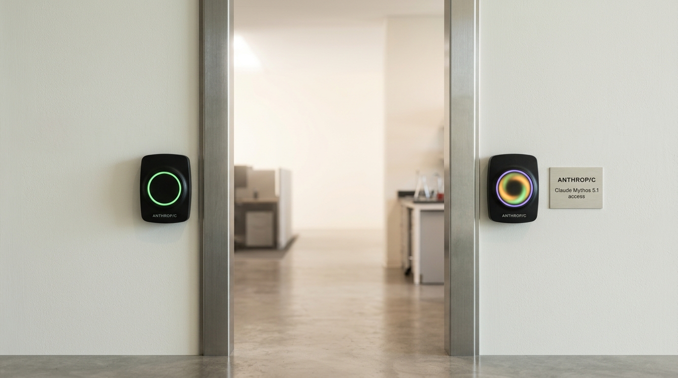 Two badge readers mounted side by side at a lab corridor threshold, one showing a settled green ready light and the other caught mid-flip from amber to green