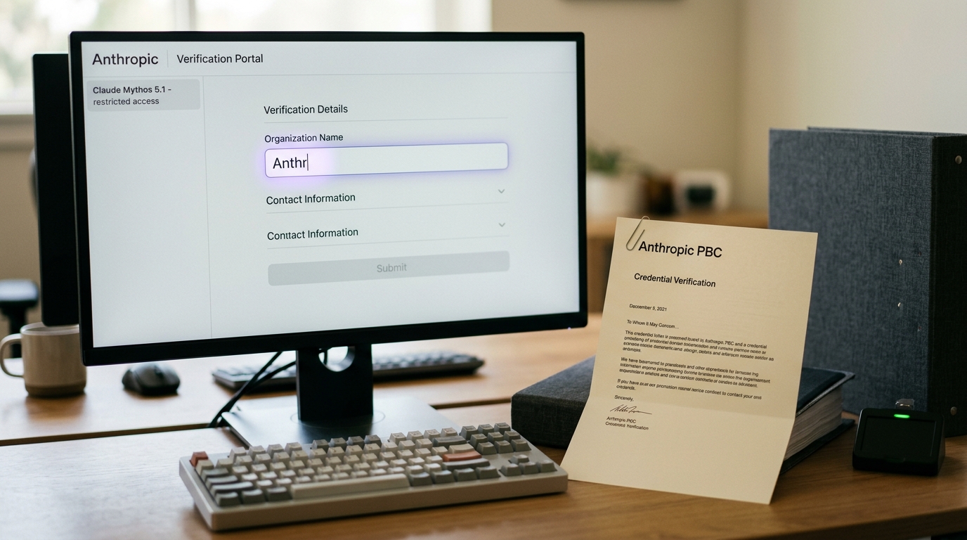 A verification-program application page on a desk monitor, a form field caught mid-type with its cursor blinking, an organization credential letter propped open beside the keyboard