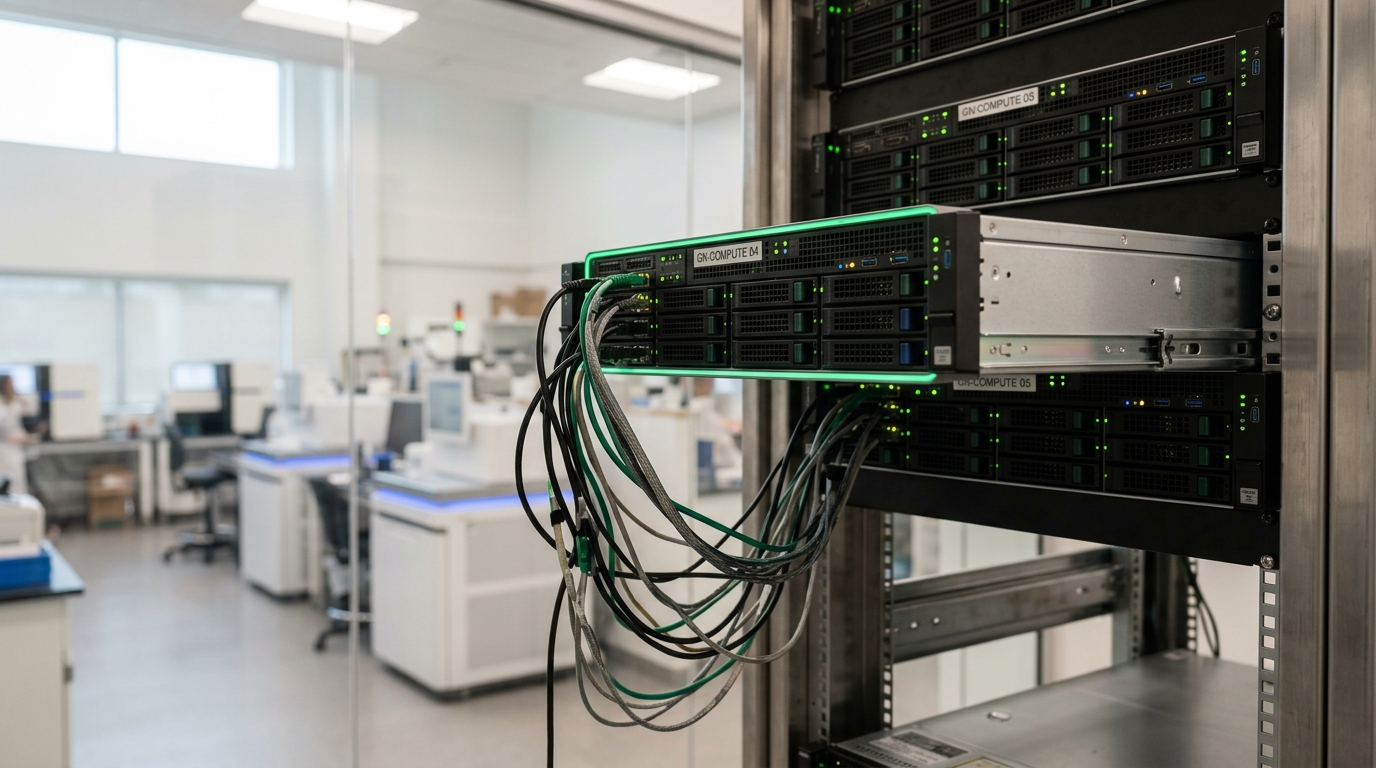 A rack-mounted compute node pulled part-way out of a server rack in a glass-walled compute bay, its indicator lights lit and a loose bundle of patch cables hanging slack, other nodes fully seated above and below it