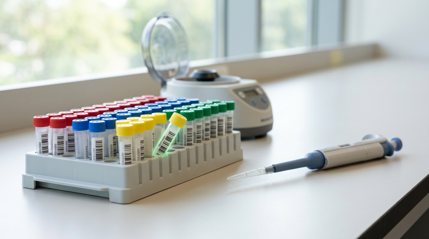 A rack of barcoded sample tubes on a genomics extraction bench, three rows fully seated and a fourth tube caught tilted half into its slot with its barcode facing out, a capped micropipette resting beside the rack