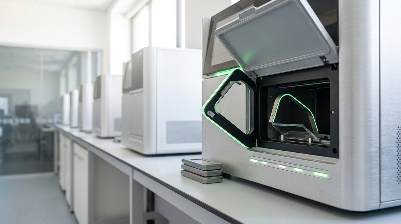 A rectangular glass sequencing flow cell tilted in the open bay of a benchtop DNA sequencer, its near edge seated against an alignment pin and its far edge still lifted clear, the retention clamp arm swung open beside it