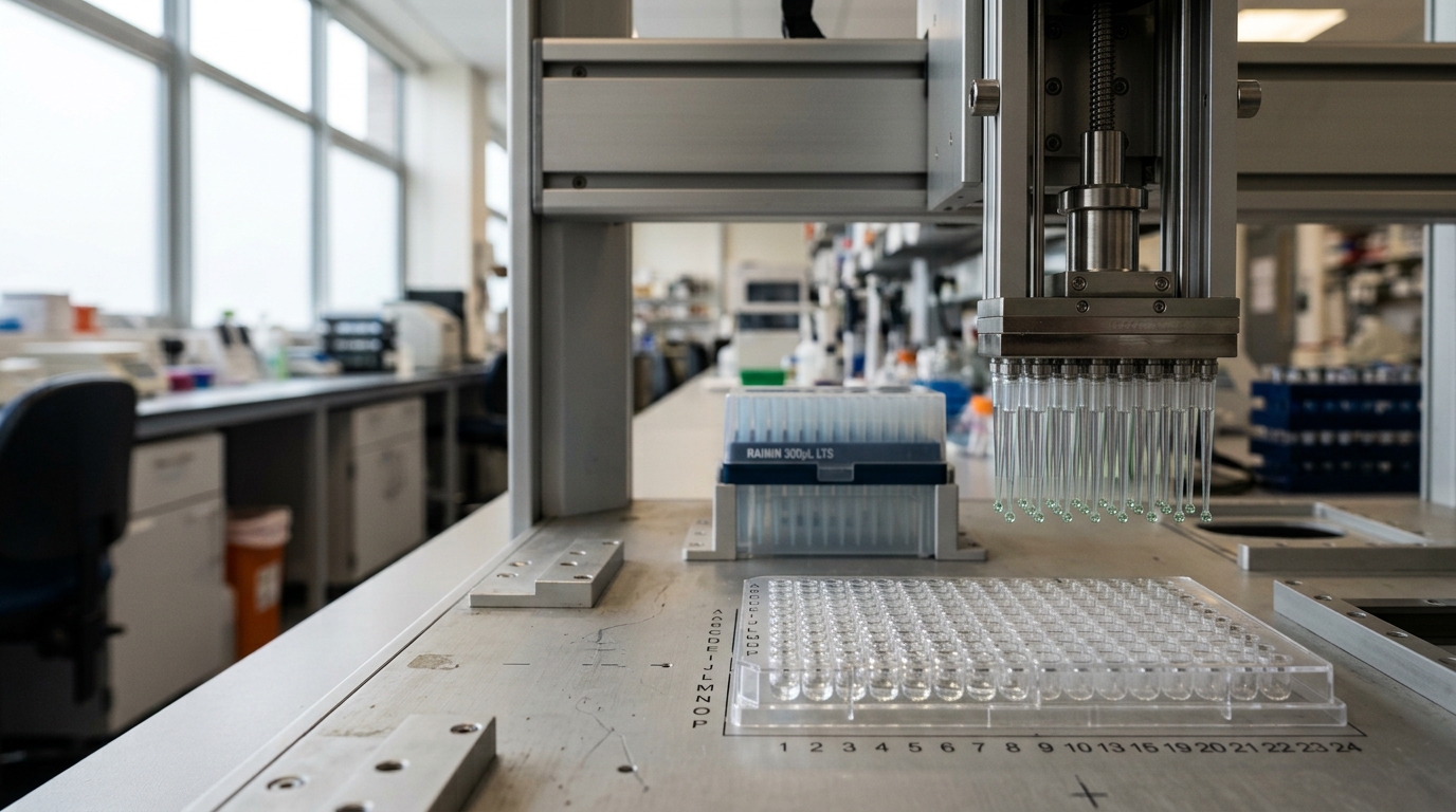 The pipetting head of an automated liquid handler caught travelling above a partly filled 384-well plate, a bead of sample still held at its tip openings, completed columns of the plate visible behind it
