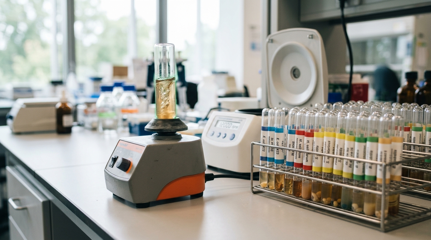 A rack of small culture tubes from different bacterial and archaeal strains on a microbial extraction bench, one tube seated in a running benchtop vortex mixer with its liquid still swirling, the rest standing settled