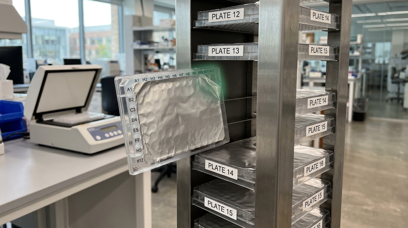 A 96-well sample plate caught half inserted into a plate-hotel shelf with one corner of its sealing foil still domed, other labelled plates fully seated in the shelves above and below it