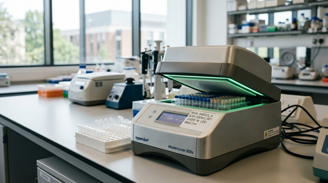 The heated lid of a PCR thermocycler caught rising open at a shallow angle over a loaded plate of closed sample tubes, a printed run label taped to the plate's edge