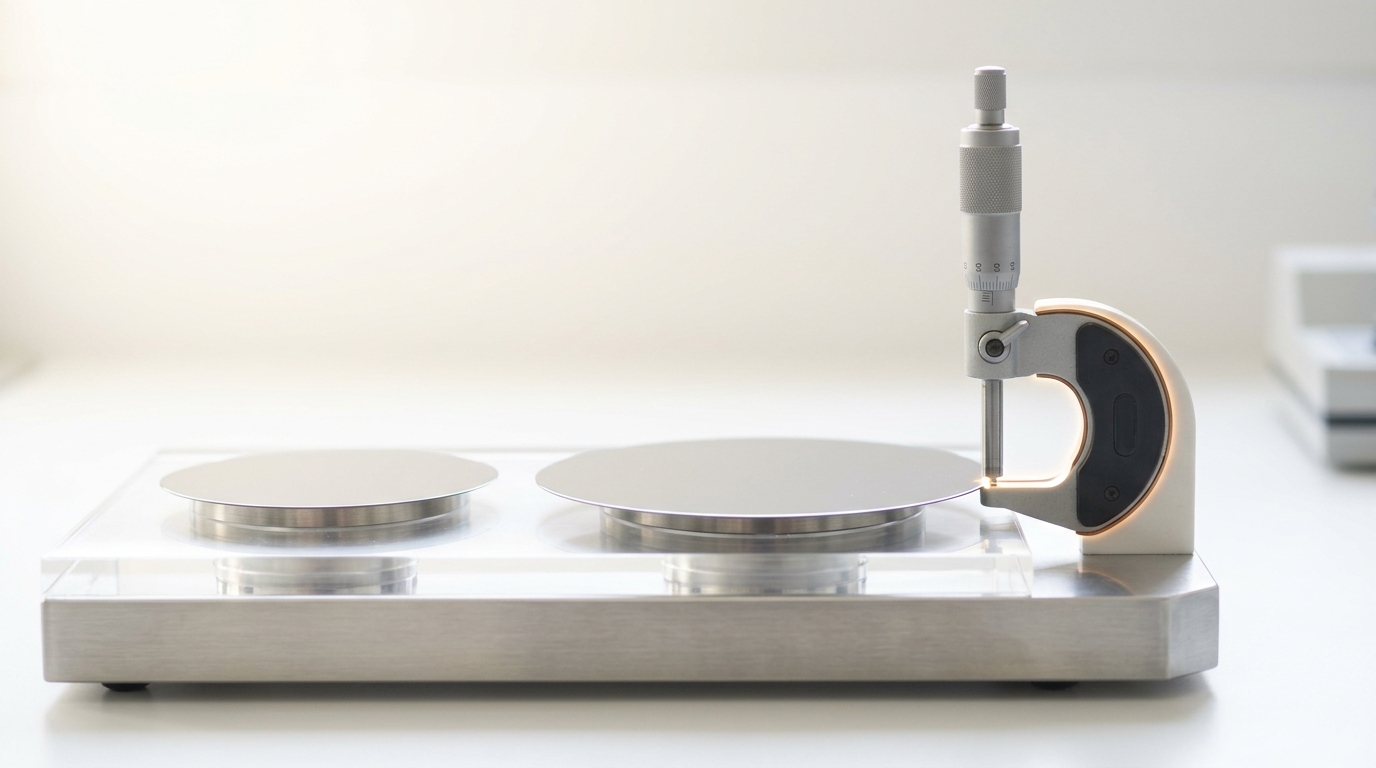 Two wafer discs on a bright comparison stand, one visibly smaller than the other, a technician's measuring gauge caught being placed against the larger disc to confirm its diameter