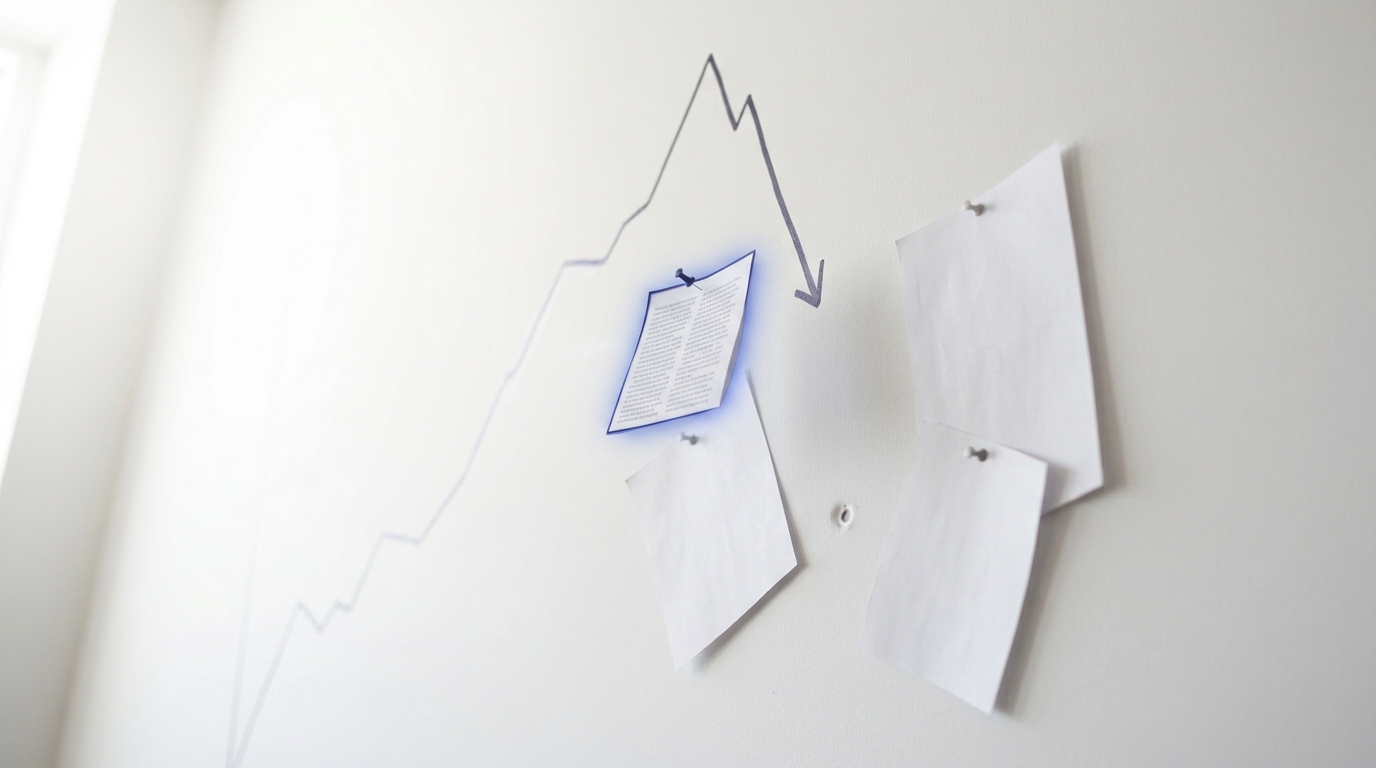 A demand chart on a bright wall showing a steep earlier rise flattening into a gentler slope, a technician's pointer caught indicating the flattening section rather than the earlier steep part of the line
