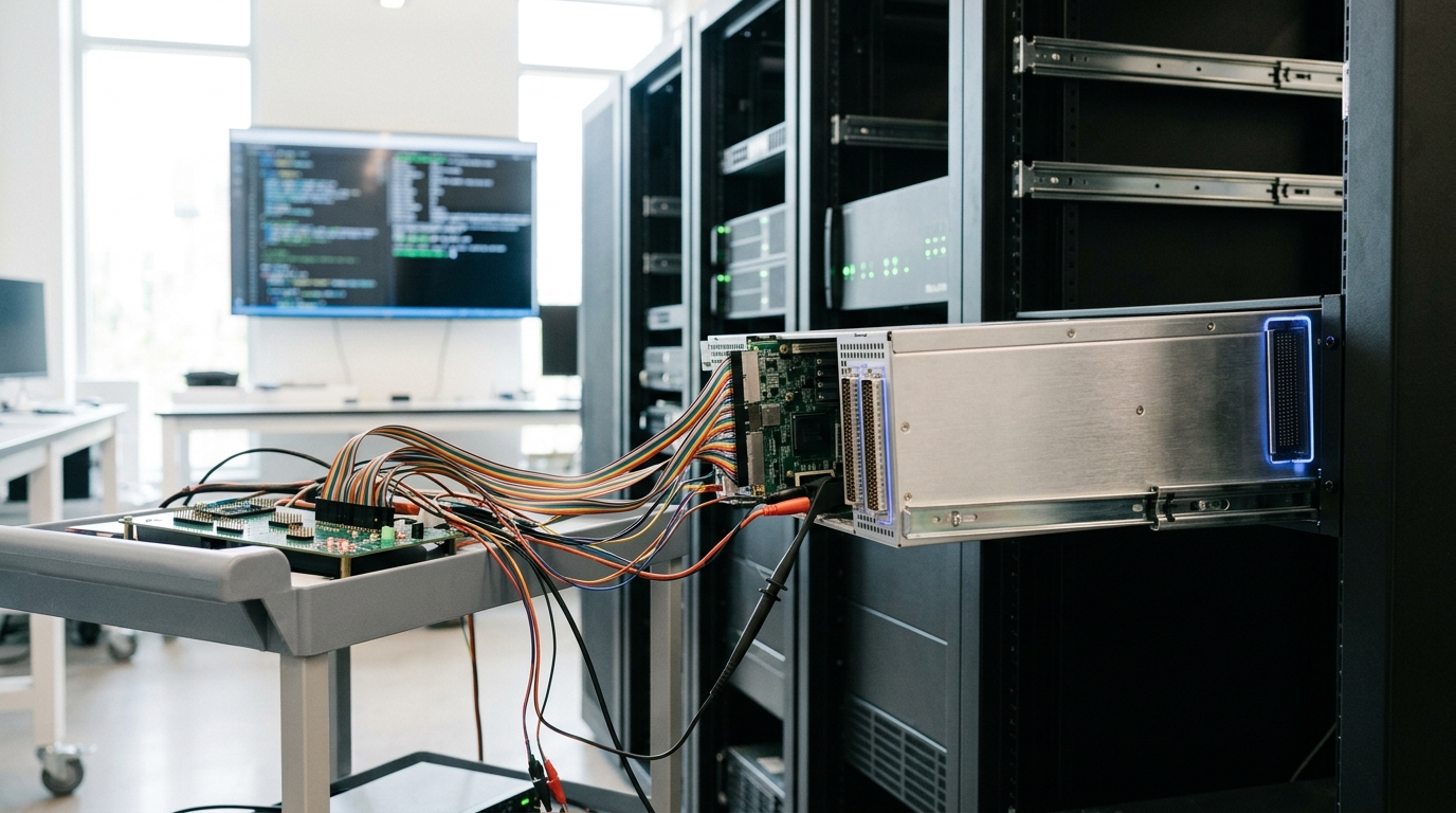A compute node run out on its extension rails and stopped a hand's breadth short of its slot, still tethered to a bench test harness that is carrying the whole measurement