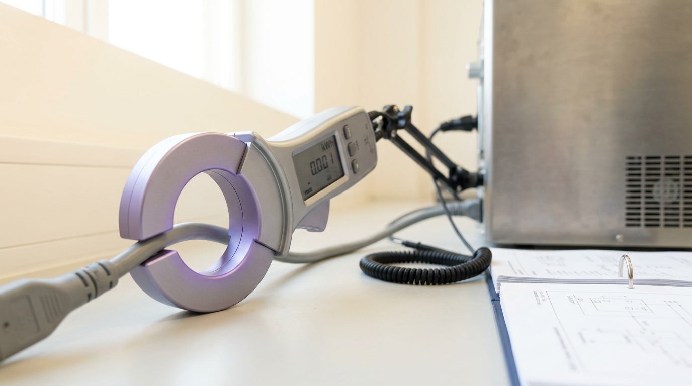 A handheld reference meter on its lead held beside a compute node's own small telemetry readout on a test bench, its probe tip caught in mid-air a finger's width from the busbar lug it has not yet been clipped to