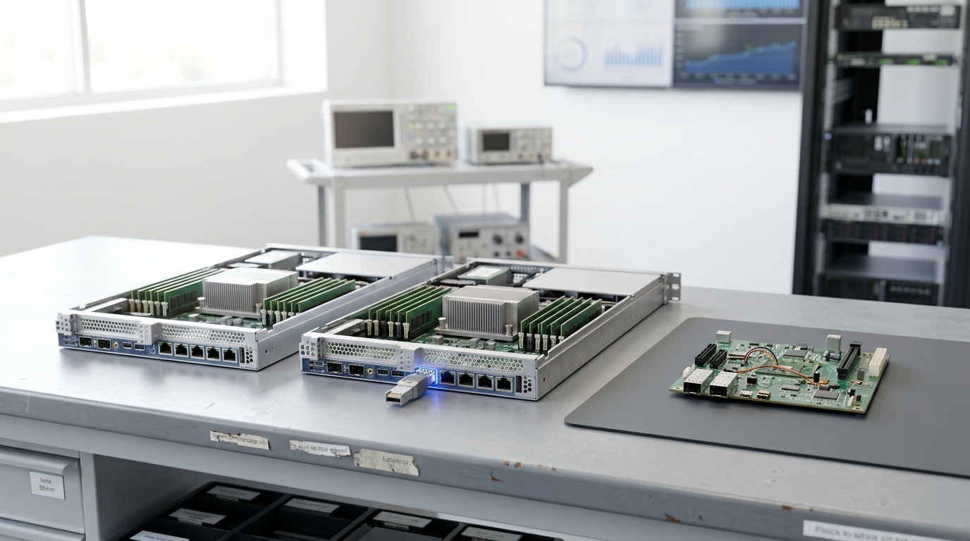 Two identical compute nodes side by side on a bench with a short comparison cable caught half-seated in the second node's port, and beside them a single one-off prototype board on an anti-static mat with no counterpart