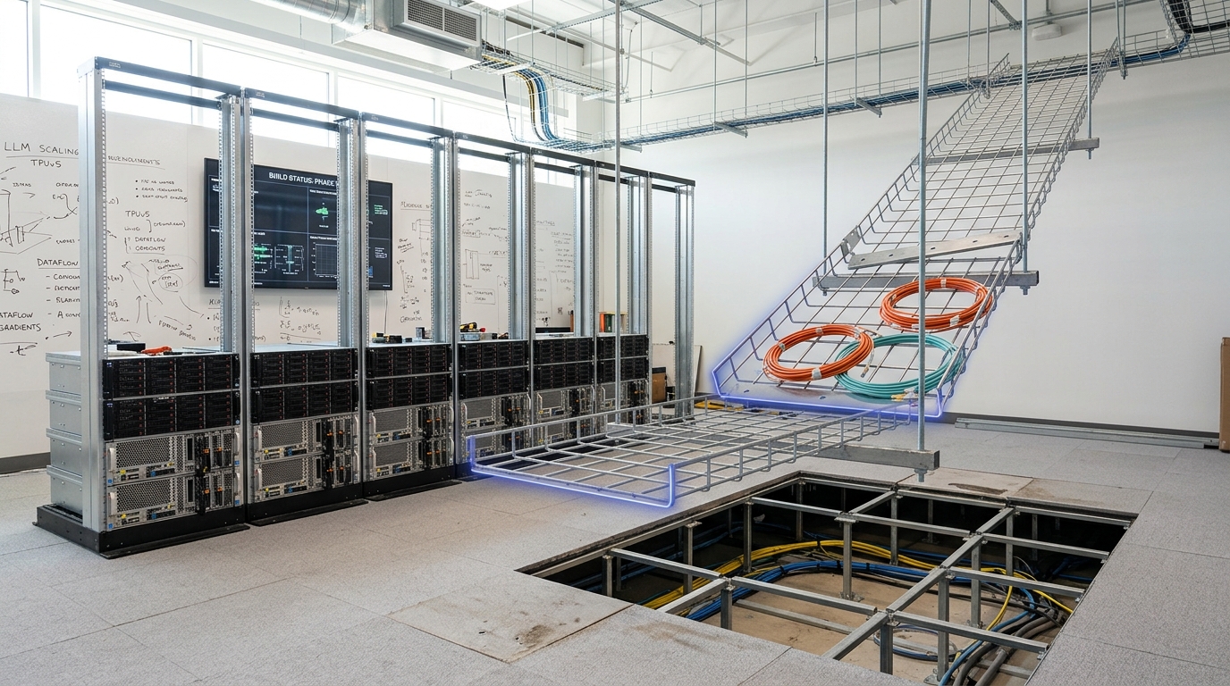 A galvanised cable tray run stopping in mid-air above an open floor void in a bright research lab, its last section resting on one hanger and not yet bolted, with a rack row behind whose upper Us are bare rails