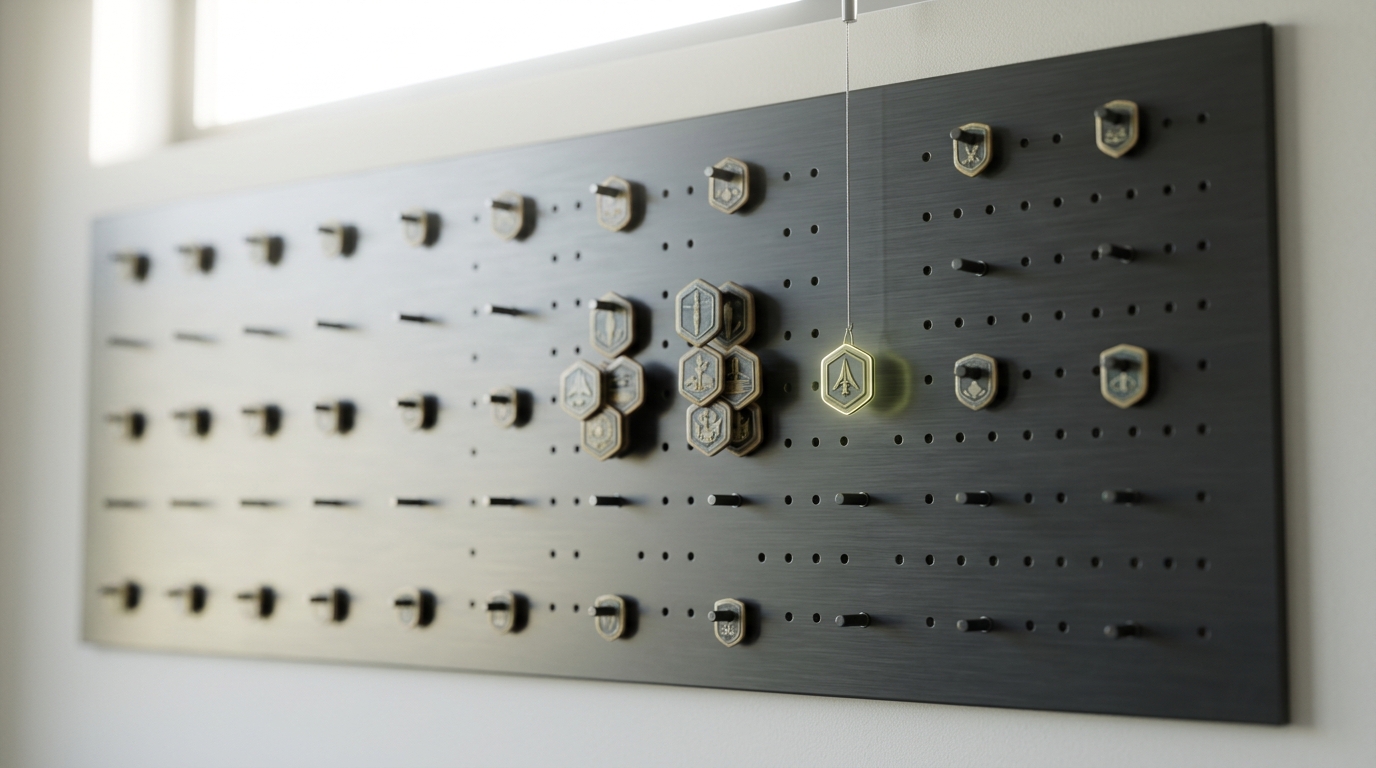A wide pegboard of model-family badge tokens, most pegs holding a single solitary badge while a few central pegs carry tight clusters, one further badge suspended on a fine wire midway between an empty peg and the nearest cluster