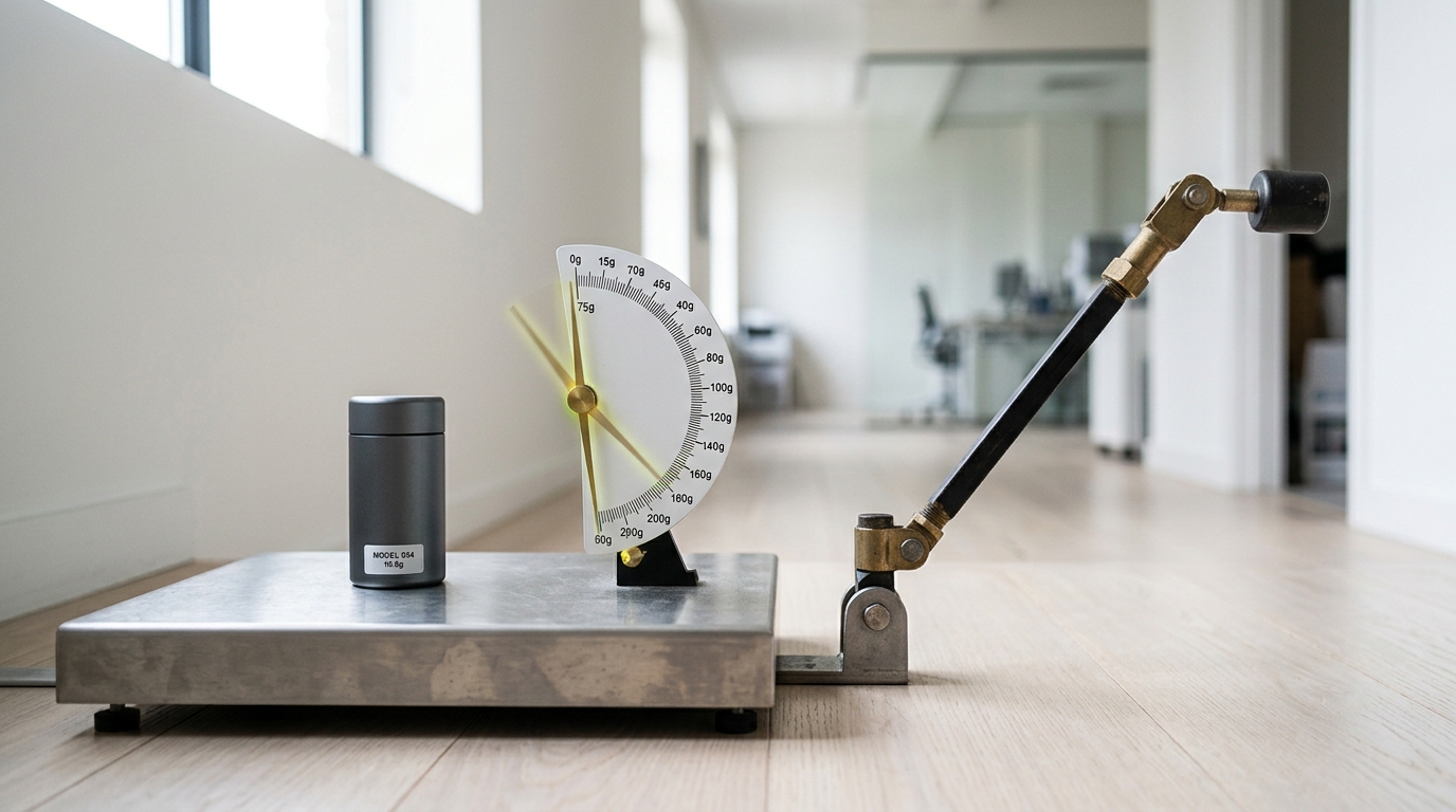 A small model canister resting on a weighing platform beneath a raised gate arm, the scale's balance needle still swinging and not yet settled