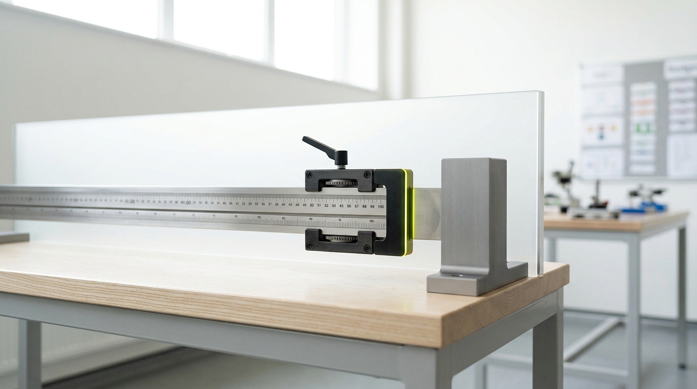 A long horizontal capability-gap comparator on a bench, its fixed jaw anchored to a closed-frontier datum block and its sliding jaw caught mid-travel along the graduated beam, still a visible gap from the datum
