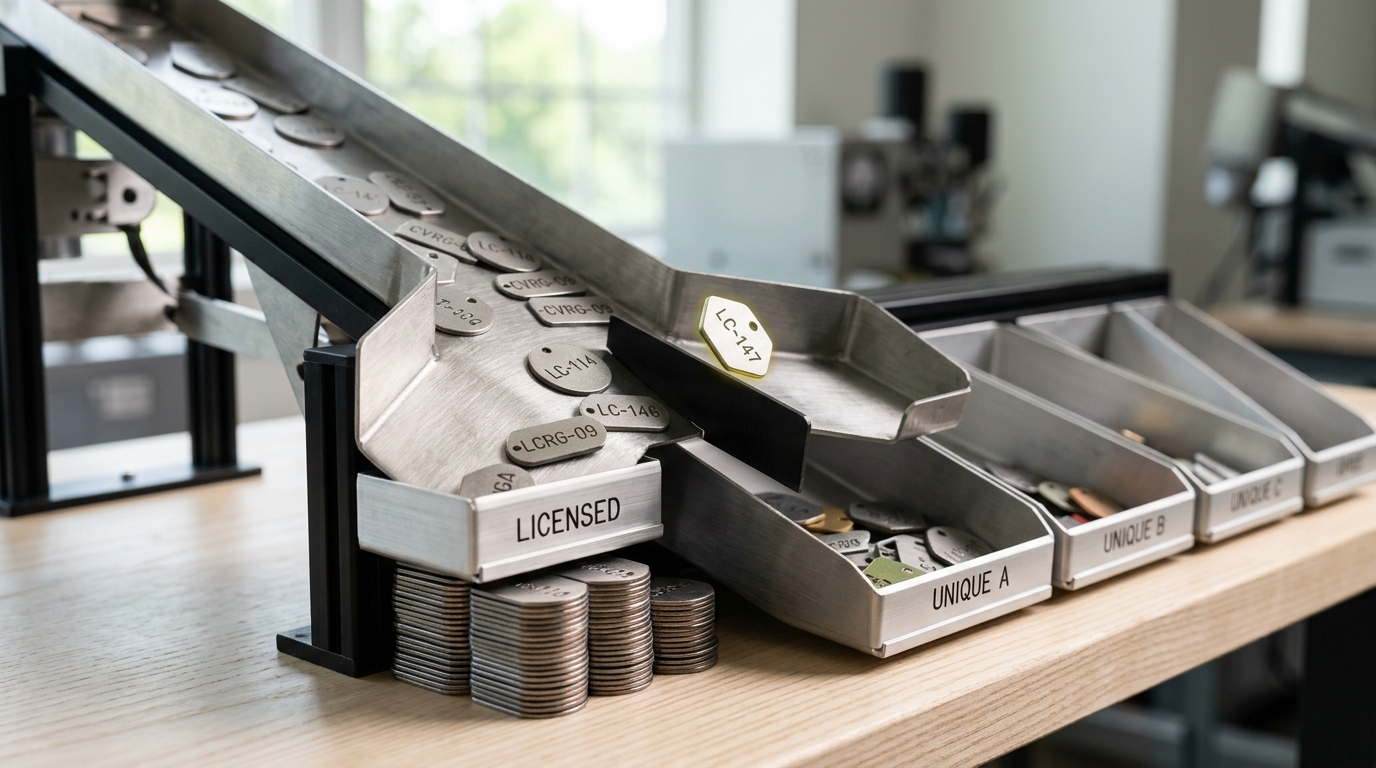 A sloped sorting table with small stamped alloy license tags travelling down a channel to a fork, most tags funnelled into one common outlet slot and a scattered few diverted into a bank of separate bins, one tag caught mid-fall exactly at the fork
