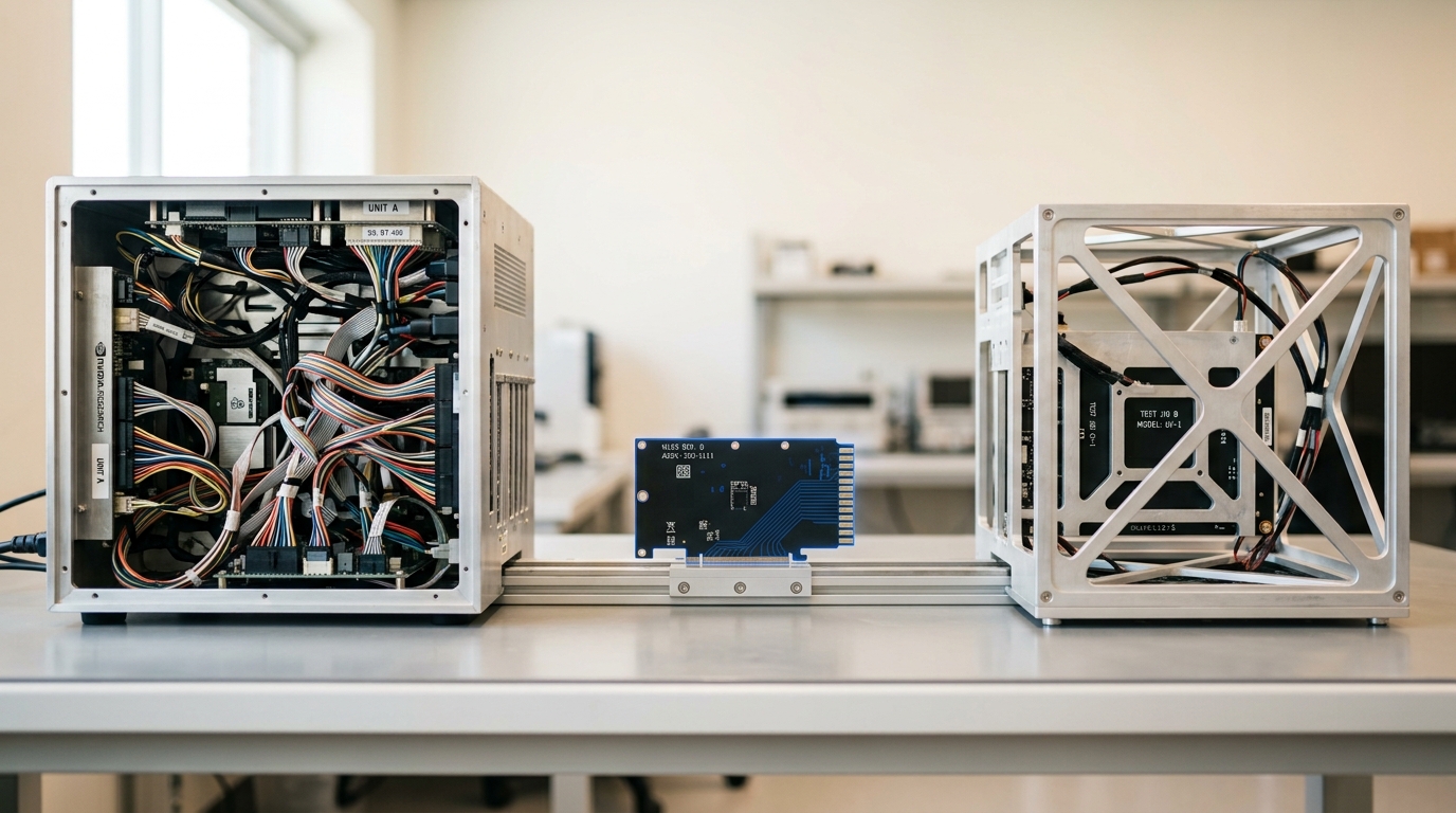 A single model-adapter card riding a mechanical carrier partway between two differently shaped scaffold housings on a lab bench, its edge connector clear of both sockets