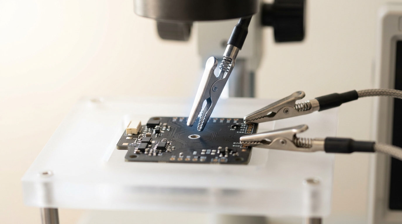 A second spring-loaded test probe caught with its jaws still open around a test point on a patched circuit board, while a first probe already sits clipped nearby