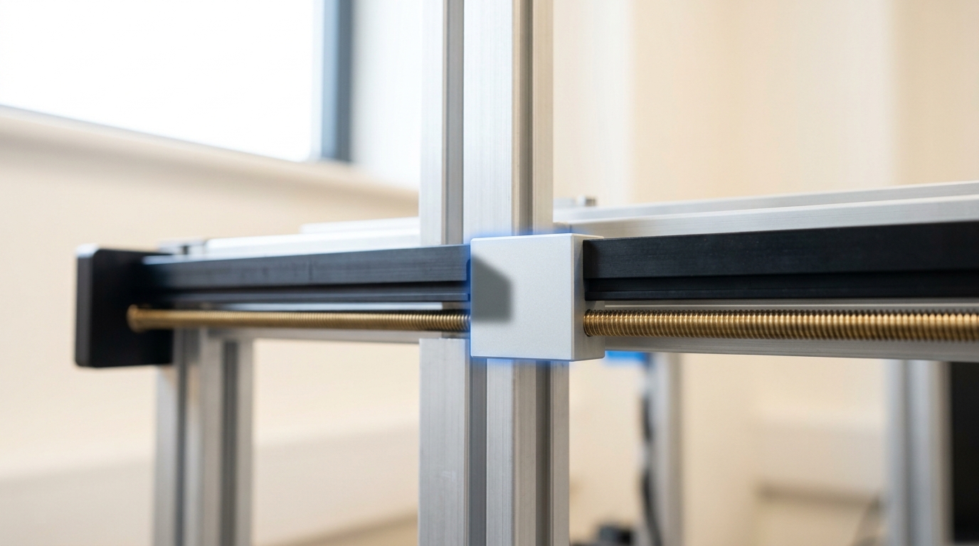A sliding follower block on a graduated rail mounted above a benchmark rig, caught exactly at a single threshold notch partway along the rail's length