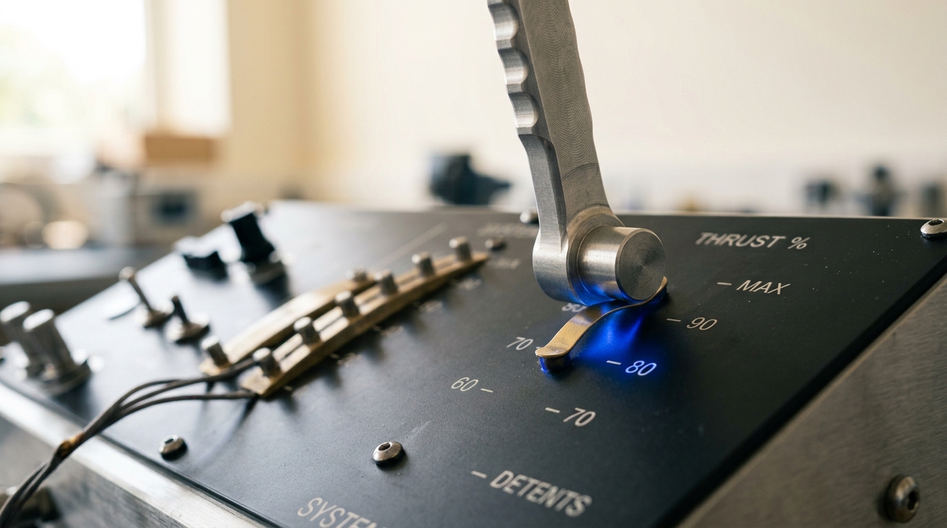 A mechanical effort-throttle lever on a benchmark rig's control panel, caught pushed just past its marked peak detent toward the maximum stop, the detent's leaf spring still visibly flexed