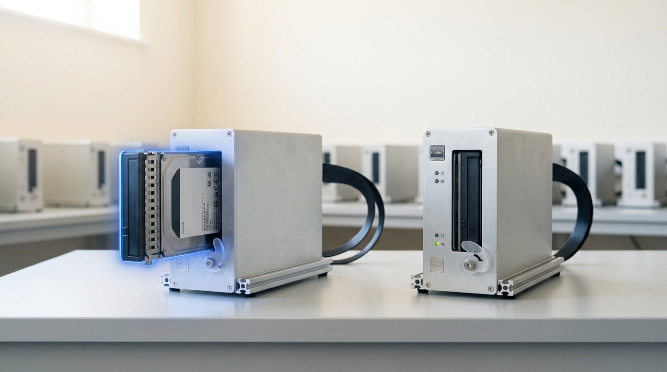 A single standardized test-harness sled connected by a ribbon cable that runs up through an overhead cable-management arm from one benchmark rig toward a second identical rig, the connector caught just short of the second socket
