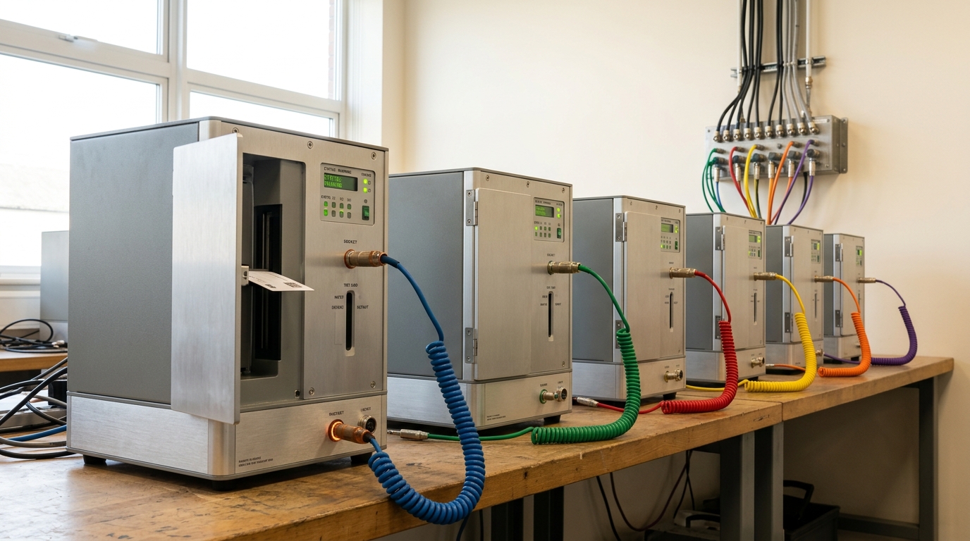 Two identical benchmark test rigs on a bright lab bench, one with a task-set drive tray caught half-slid into its bay while the other rig's matching tray already sits seated and latched