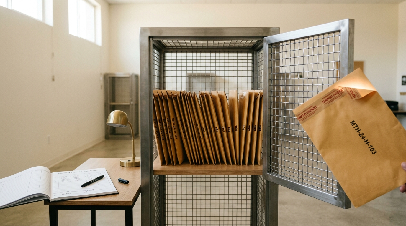 A sealed kraft-paper holdout-problem envelope caught half over the threshold of an open steel security cage, its tamper tape peeled back on one corner beside an open custody ledger with a pen resting mid-stroke