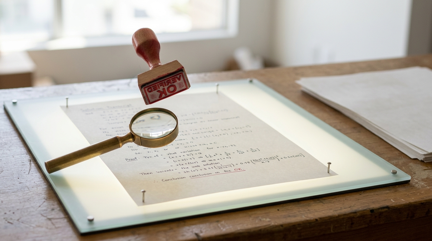 A proof-verification bench with a submitted solution transcript on a light table, a loupe angled over its last line and a red verification stamp caught a hair above the page before it lands