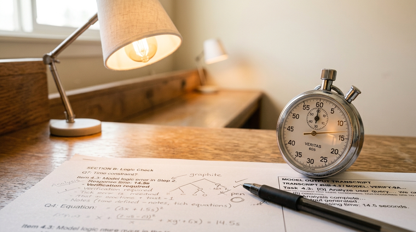 A mathematician's annotated worksheet beside a printed model-generated solution under a desk lamp, a mechanical stopwatch caught with its hand stopped between two gradations and a pen resting mid-annotation