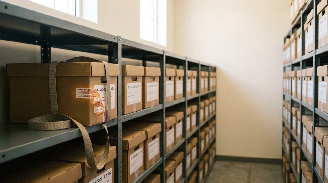 Archive shelving holding tamper-sealed problem-set boxes, one box's security seal freshly cut with its strap left looped loose and the lid not yet lifted