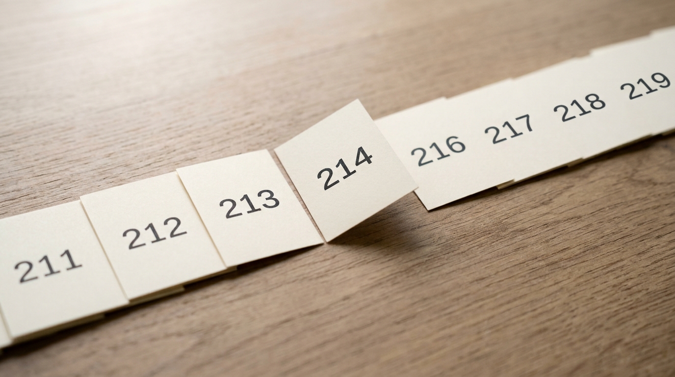 A fanned row of small numbered footnote index cards on a desk in ascending order, one card sitting at a slight raised angle rather than flush with its flat neighbours