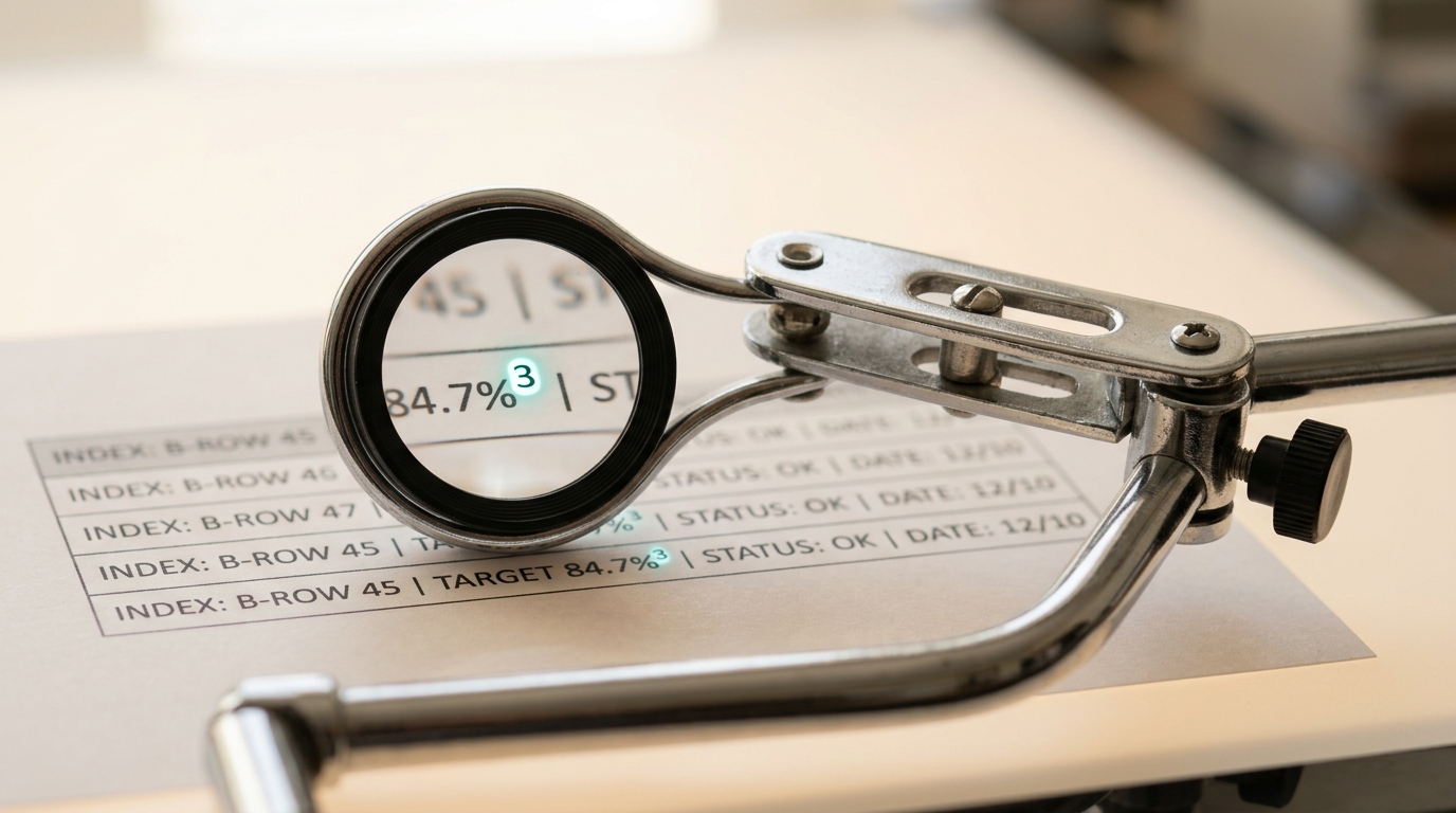 A desk-mounted magnifying loupe on an articulating arm swinging into position over a printed table row, a small superscript numeral beside a percentage just entering sharp focus at the lens edge