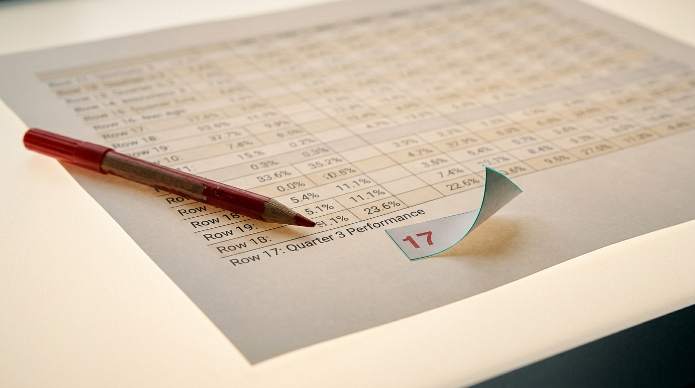 A large printed benchmark table on a lightbox, a small numbered adhesive flag reading 17 half-peeled from its backing strip beside one row, its corner still curling rather than pressed flat