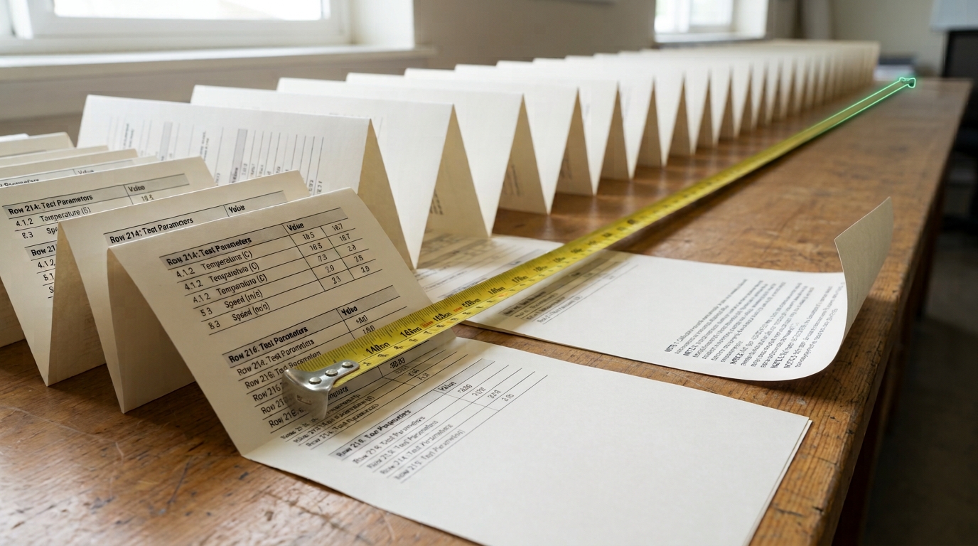 A steel tape measure hooked to one printed row on a long fan-folded printout stretched across a desk, its blade extended most of the way toward a footnotes block at the far end but not yet reaching it