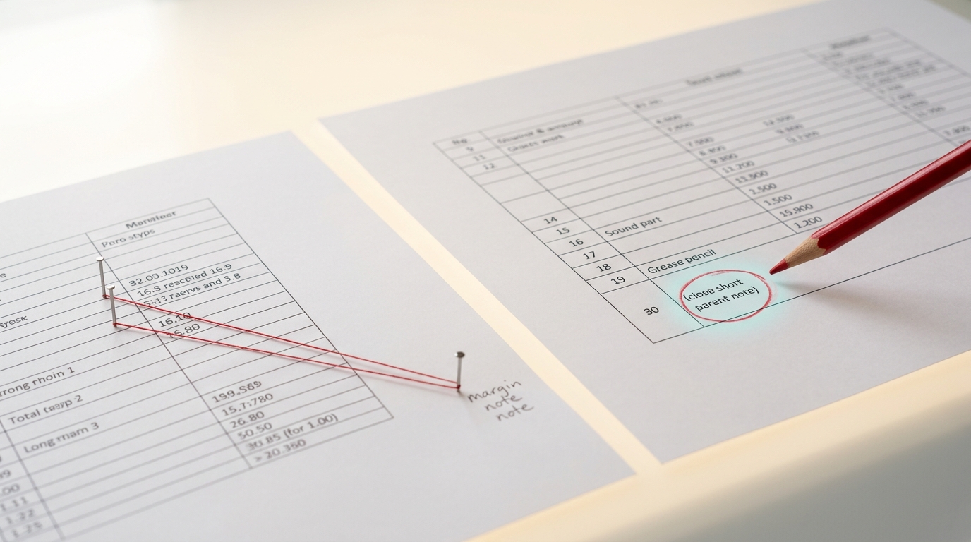 Two printed proof sheets side by side under a lightbox, the left sheet with a thread running from a pin at one row out toward a distant pinned margin note, the right sheet with a red pencil circle drawn directly around a parenthetical note inside the same cell as its number