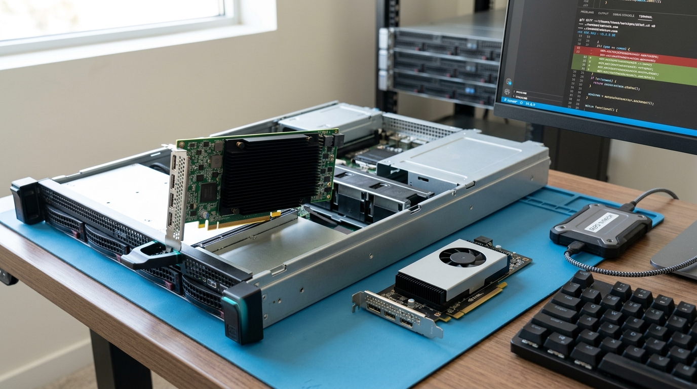 An accelerator card drawn part way out of its slot in an open runner node on the bench, a second card of different build waiting on the mat beside it while the monitor still carries the same diff