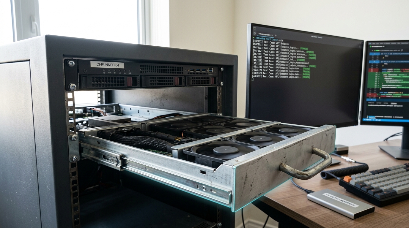 A fan tray still sliding out of the front of the runner node that produced a run, its blades slowing, with the run's terminal output still up on the monitor on the desk behind