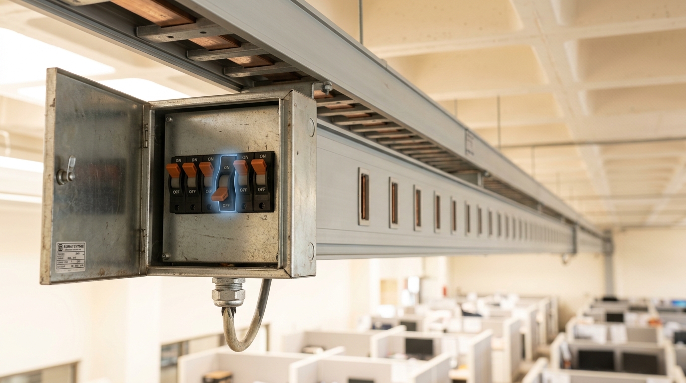 An overhead busway run seen from below with one tap-off box open on its row of breaker handles, a single handle caught mid-throw, and the rest of the run continuing on with its plug-in slots still bare