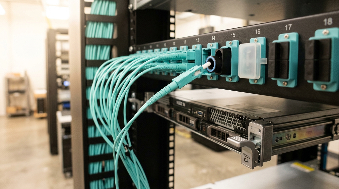 A serving rack patch panel with one aqua multimode cord caught part-way out of its adapter, the alternate port beside it still dust-capped, and below it a serving node part-way home on its rails with its ejector lever still open