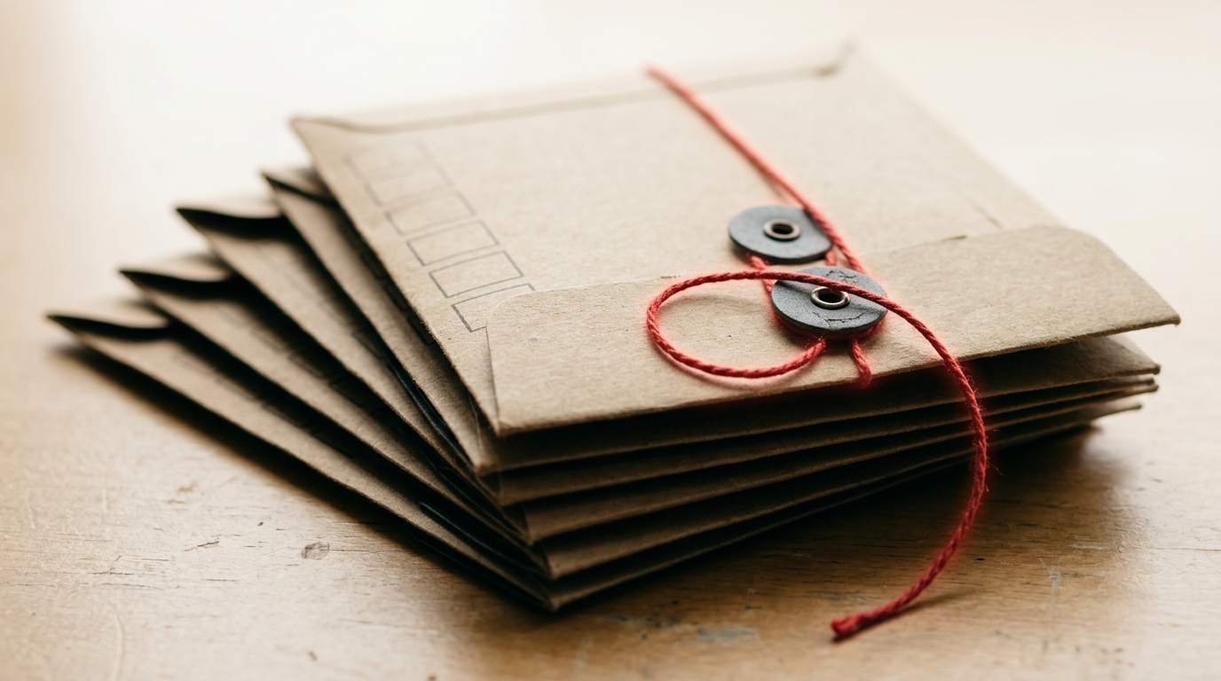 A small stack of interoffice routing envelopes tied with red string, one envelope's string loop caught half-wound rather than fully knotted, no addresses or destinations legible