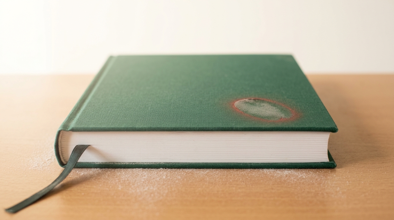 The same hardcover manual now closed, its ribbon marker still trailing from the same page position as before, a single fresh fingerprint smudge on the otherwise undisturbed cover