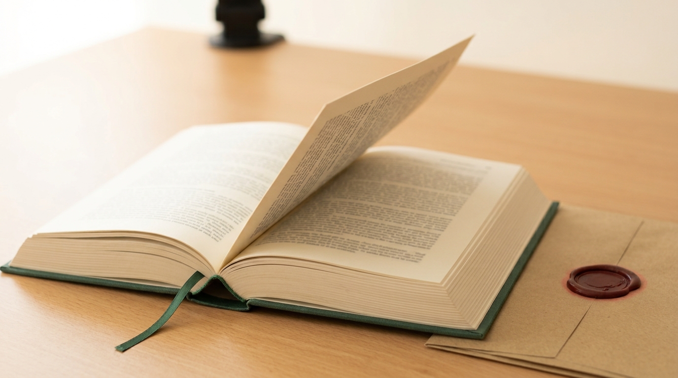 A hardcover procedural manual lying open on a plain desk, its right-hand page still mid-turn rather than settled flat, a narrow ribbon marker trailing off the bottom edge, a sealed courier envelope resting beside it with its wax seal unbroken