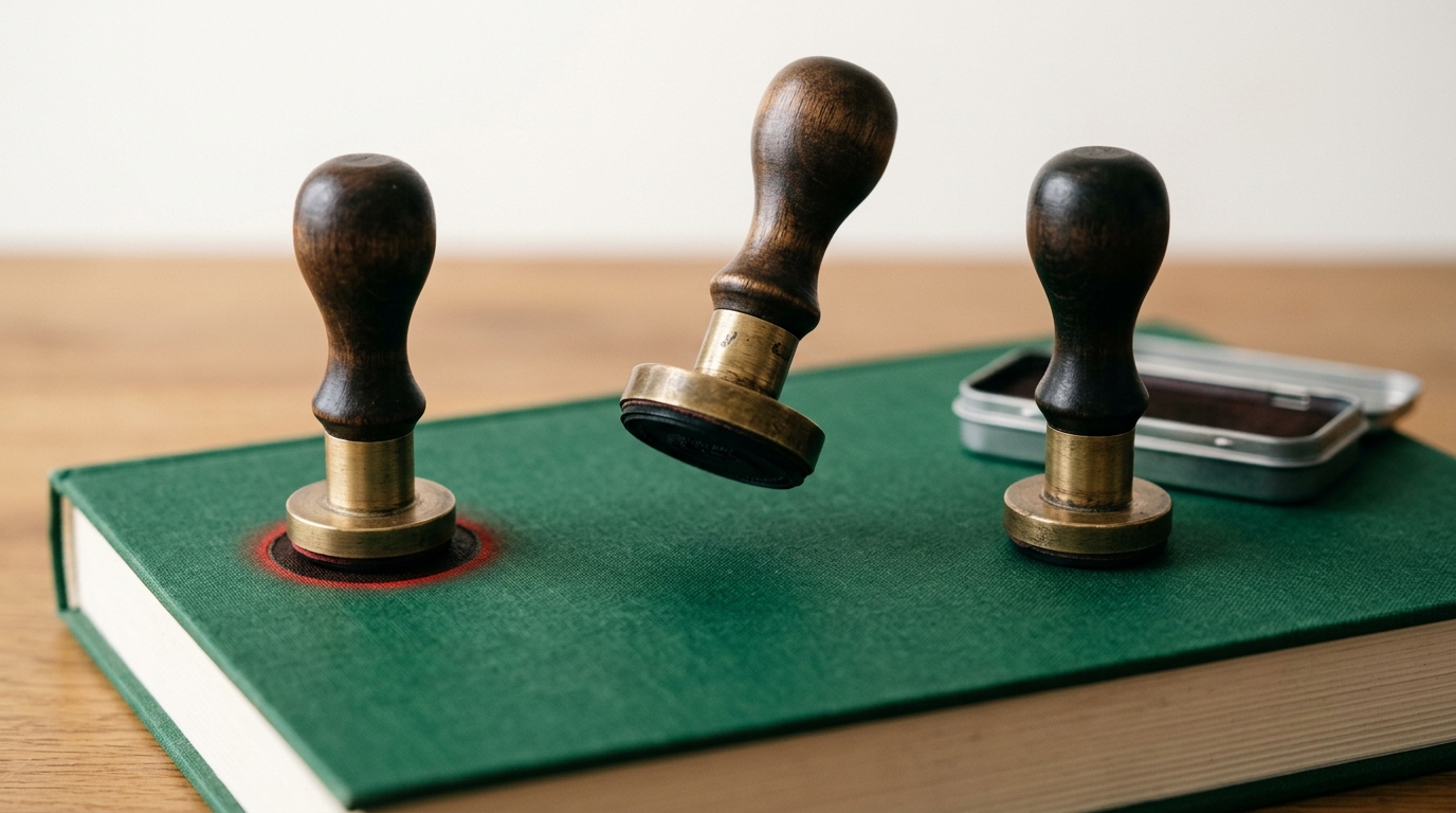 Three wood-and-brass desk stamps in a row on a manual's cover, the first pressed down with fresh ink still wet on the page, the second raised mid-air above the surface, the third resting untouched with its ink pad lid still closed