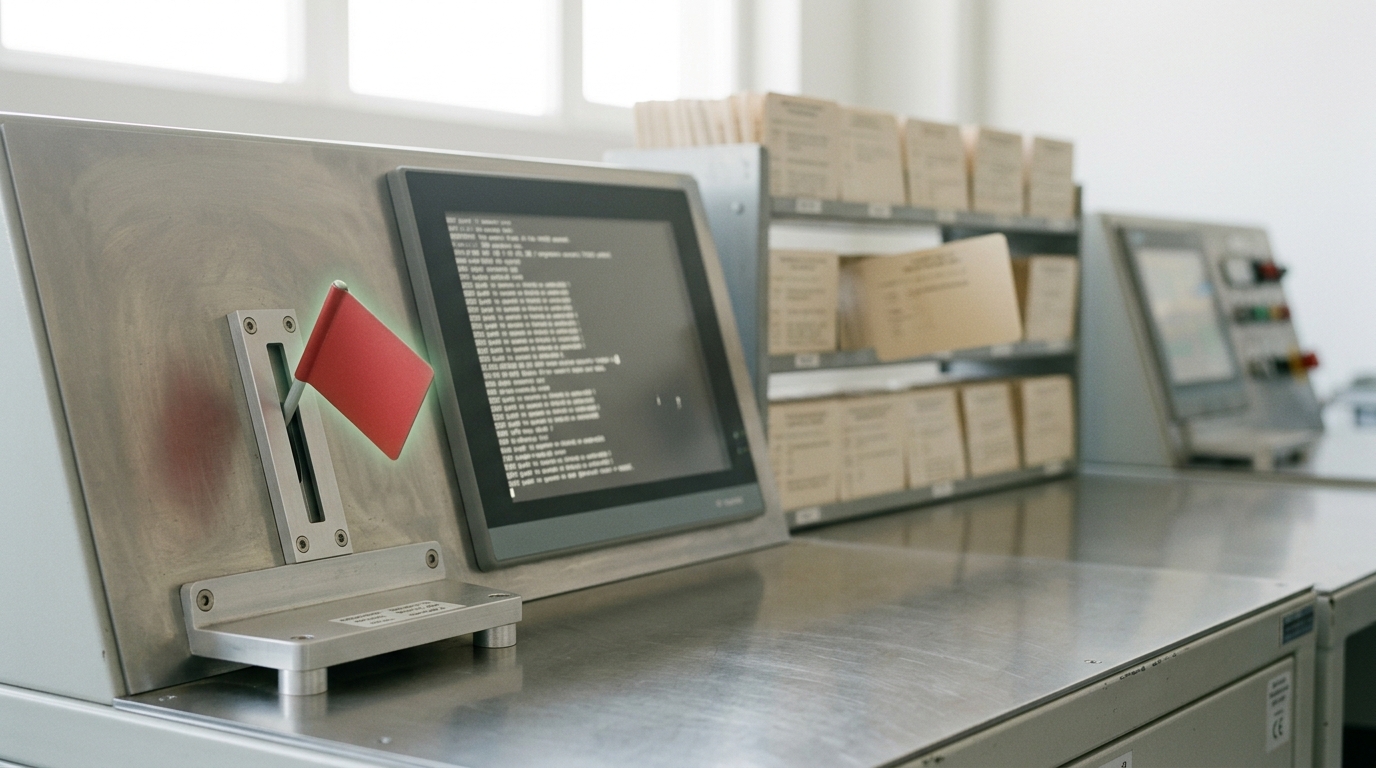 A held-out test bench with a small mechanical discrepancy flag caught mid-raise beside a screen showing a scrolling out-of-distribution scenario trace, an archive shelf of test-scenario cards standing behind
