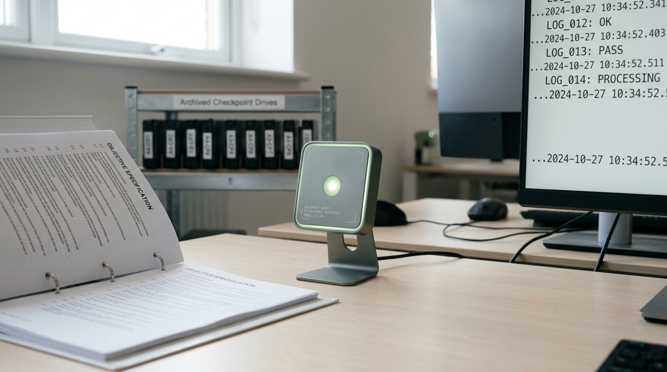 A comparison console in a bright audit room, a printed objective specification lying open on the left beside a matte-glass screen scrolling a held-out behaviour transcript on the right, with a small discrepancy indicator between them lit only halfway