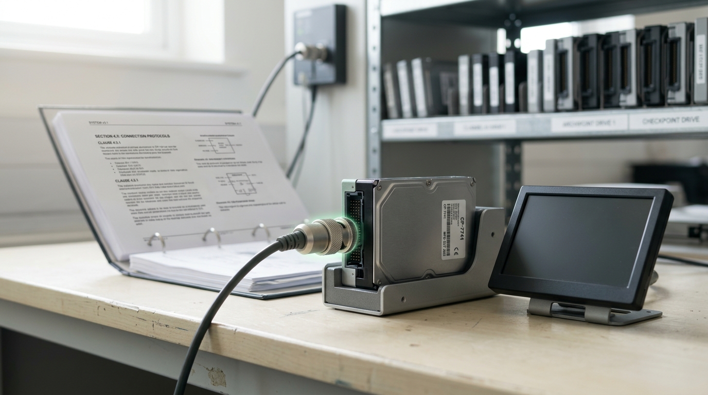 A training-objective inspection desk where a policy checkpoint drive sits connected to a diagnostic probe lead, the probe's connector caught half seated into the drive's port beside an open printed specification binder