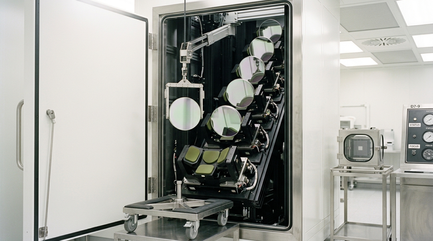 A lithography scanner's projection optics bay with its enclosure panel swung part open, showing a column of kinematic mirror mounts carrying iridescent multilayer-coated blanks, one mount still empty with its blank hanging clear above it on a transfer cart