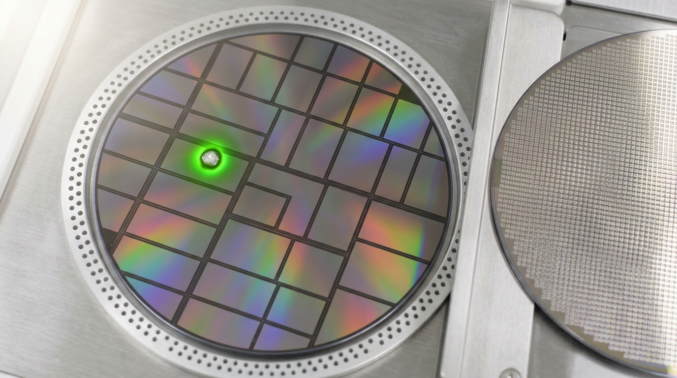 A patterned 300 mm wafer with a coarse grid of large dies lying on an inspection chuck, its even rainbow diffraction broken at one point by a single mote scattering a hard pinpoint of light, with a fine-grid wafer waiting on the blade beside it