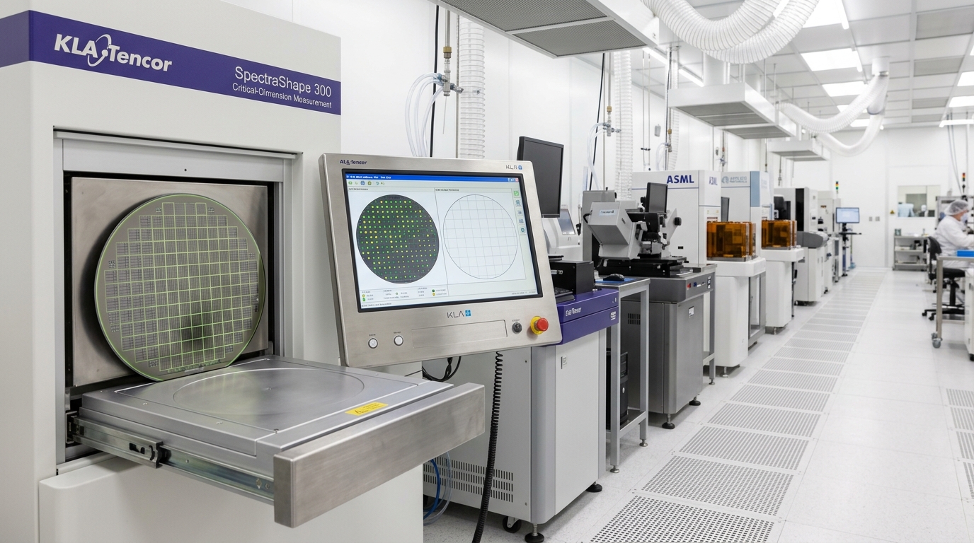 A critical-dimension measurement station with its stage drawer pulled part way out, a patterned wafer riding half in and half out of the enclosure with the scribe-line test structures between its dies catching the light, seen down a receding row of metrology enclosures
