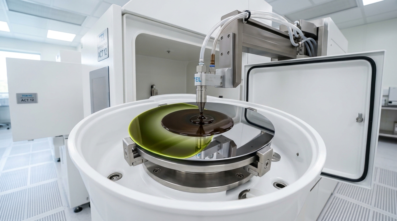 A bare 300 mm silicon wafer clamped on a stainless spin chuck inside an open coater module, a bead of photoresist just dispensed at its centre and spread across only the inner part of the disc