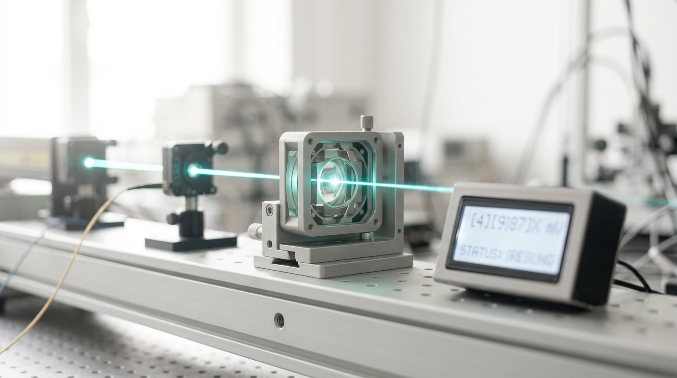 A tensor-core-style optical compute element on a bright bench, a light beam caught mid-pass through it, a simple output readout beside it showing a result just beginning to register